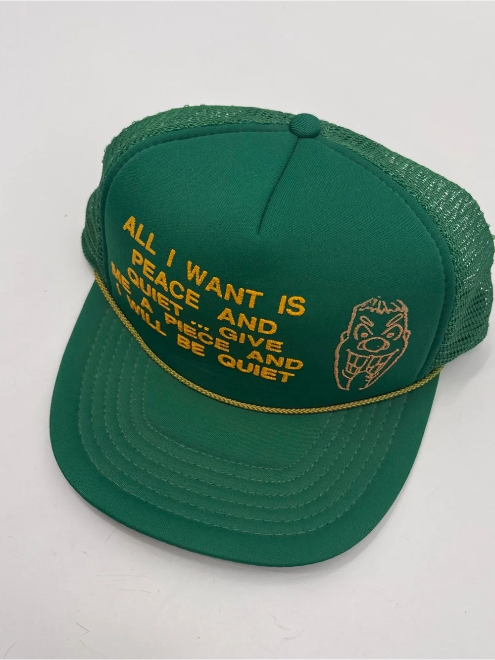 Green Mesh Trucker Hat with Yellow Embroidered Slogan - Unbranded